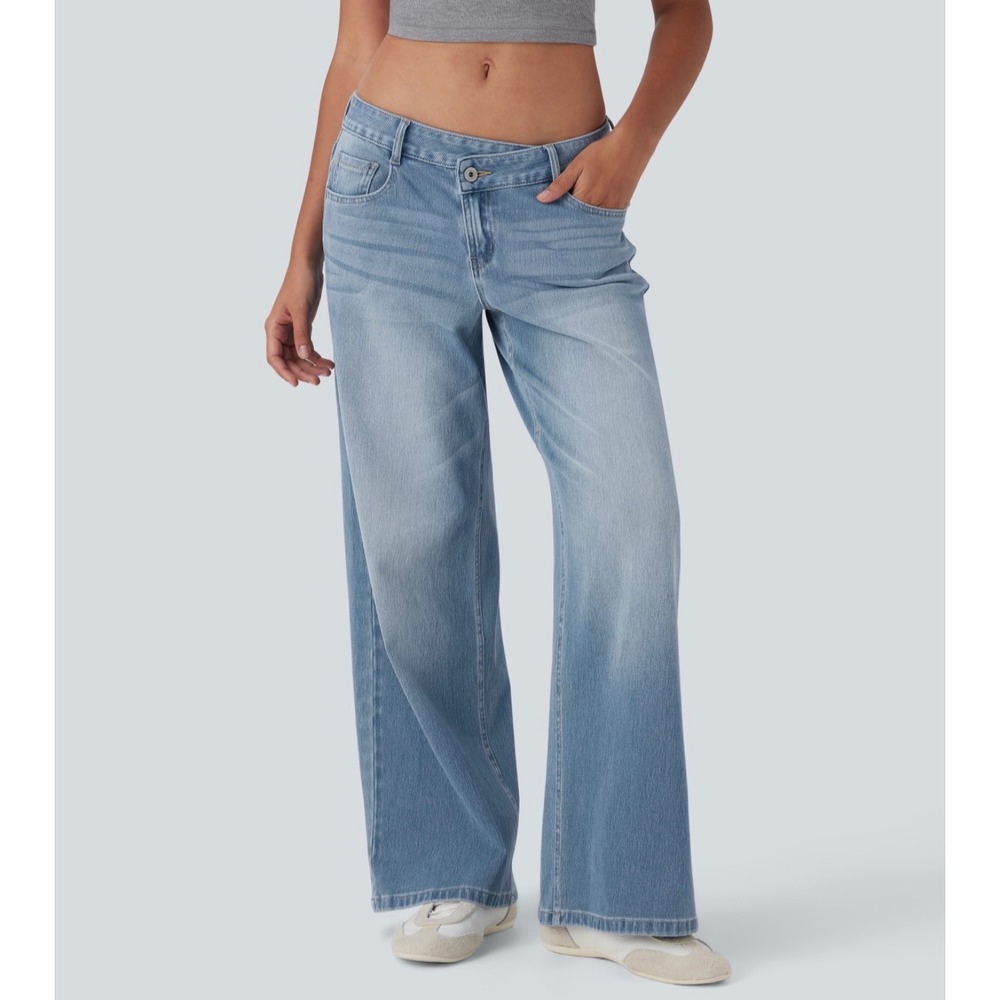 Halara Flex Asymmetric Low Rise Wide Leg Baggy Jeans Washed Blue XS